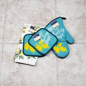 4 Pc Dish Towel Oven Mitt Pot Holders Set Home Collection Kitchen Lemon Print